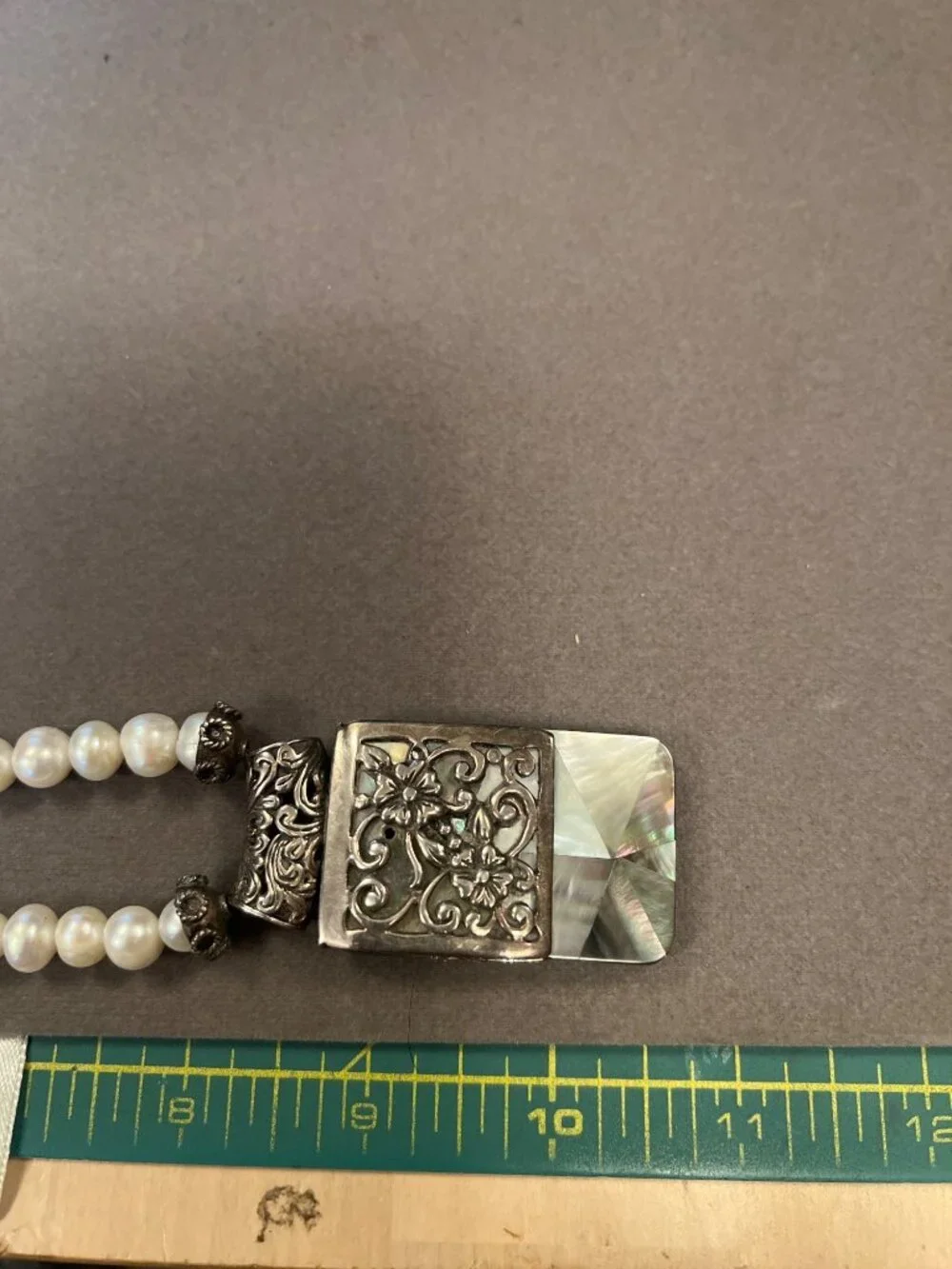 Handcrafted Pearl Necklace With Intricate abalone and Silver Pendant  Art Deco